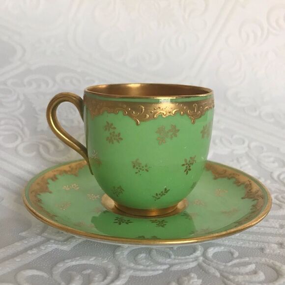 Coalport England Green Gold Gilt Embossed Trim Floral Demitasse Cup & Saucer Set - Picture 2 of 16